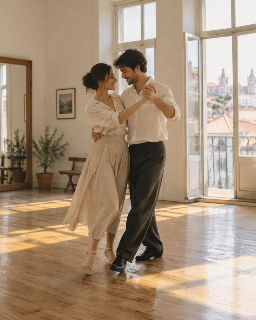 Inspiração: casal a praticar passos de dança num espaço luminoso