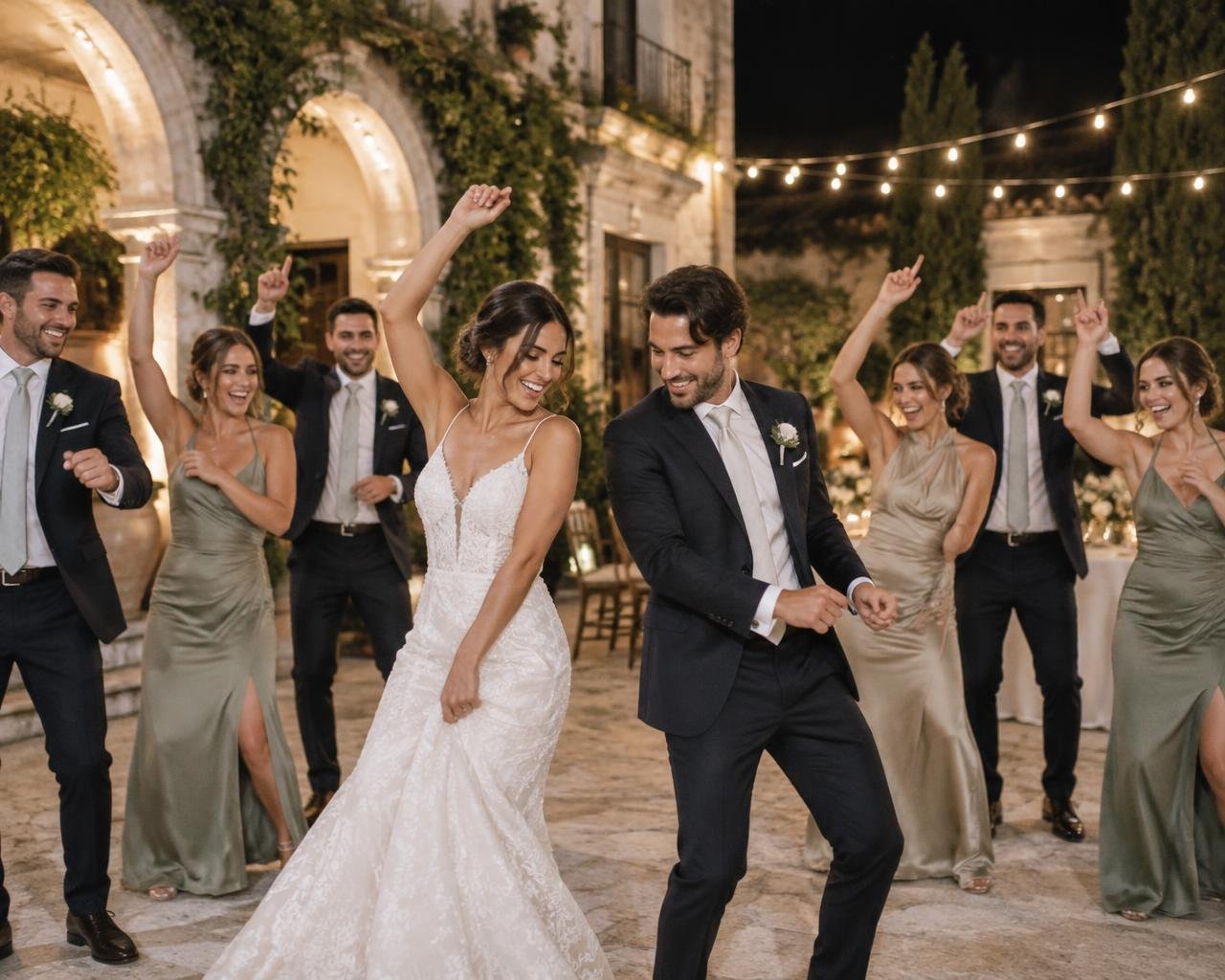 Inspiração: noivos e amigos numa dança de grupo